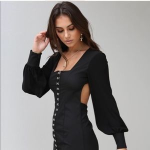 Tiger Mist Black Mini Dress Square Neckline Bell Sleeves Open Back XS